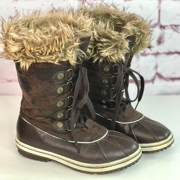 PARIS BLUES Fierce Faux Leather Faux Fur Lined Brown Lace Up Duck Boots Size 8 - Picture 13 of 15